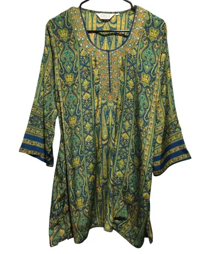 BIBA Women's Tunic Top Paisley Print Embellished Blue Green Yellow siize 38 Blue Size 12