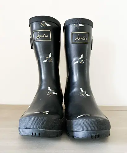 Joules Women's Black Molly Welly Mid Height bumble bee Rain Boot sz 6