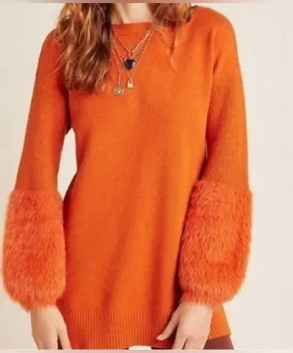 Anthropologie Colma Tunic Sweater Burnt Orange Faux Fur Sleeves Eyelash Cuffs XS