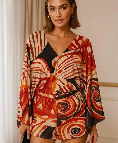 Alexis Wide Sleeve Multicolor Floral Striped Abstract Print Romper Playsuit