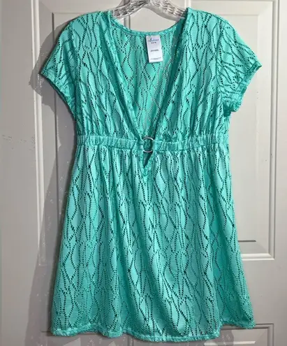 Catalina Teal Stretch Cover Up Dress M Laser Cut Mesh V Neck Swimwear