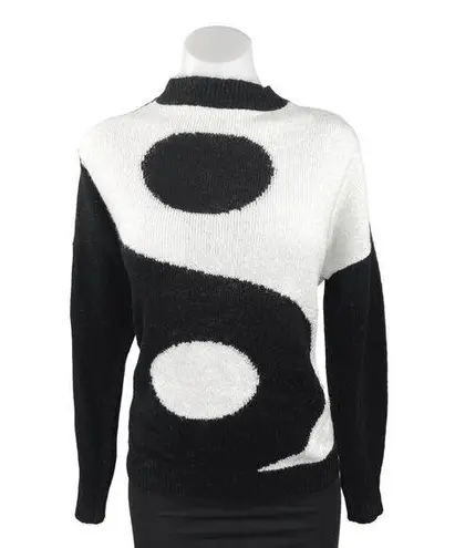 Womens Black & White Yin Yang Print Long Sleeve Mock Neck Pullover Sweater Sz XS