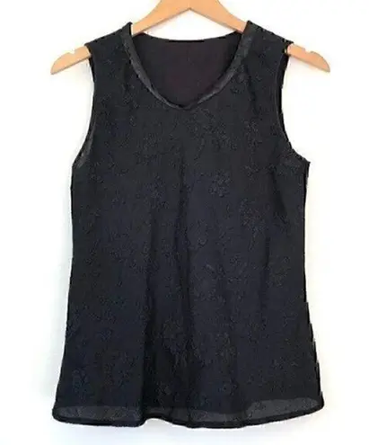 VINTAGE VTG VANITY FAIR Solid Black Textured Floral Semi Sheer Tank Top Small SM