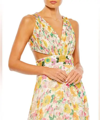 Mac Duggal Nude Multi Floral Print Cut Out Lace Tiered Gown