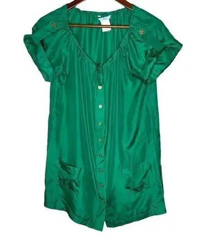 Marciano 100% silk green short dress short sleeves front pockets buttons size XS