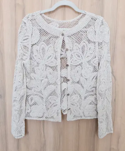 Womens Lace Crochet Cardigan Sz S Cream Floral Cottage Boho Shabby Chic Coquette