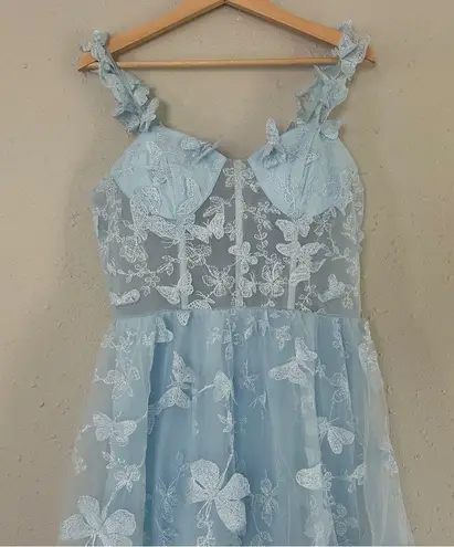 3D Butterfly Appliqué Tulle Light Blue Lace Dress Maxi Formal Prom Medium Large