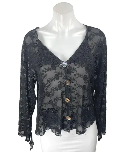 Women's Black Floral Lace Sheer Mesh Embroidered Button Up Blouse top Size OS