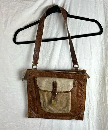 Vintage PRINCIPE Brown Leather COWHIDE PONY HAIR Satchel Crossbody Made in Italy