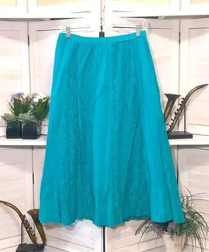 Susan Graver  boho teal blue cotton elastic waist full midi skirt sz M