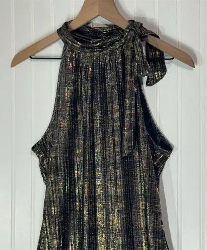 Soulmates Metallic Pleated Bow Neck Blouse XL Shimmery High Neck Party Top