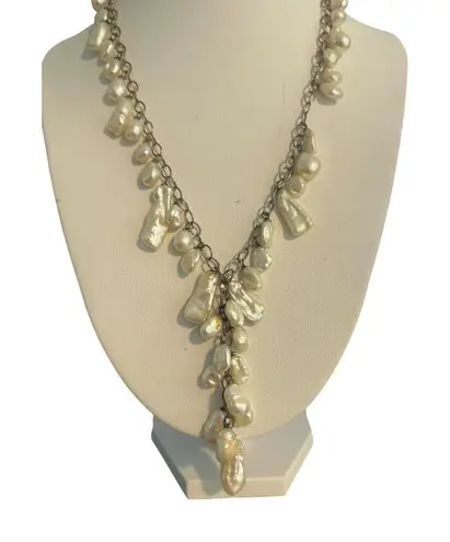 Vintage Sterling Silver Baroque Pearl Y Drop Necklace Collar Estate Adj 17" READ