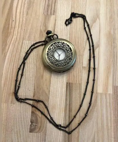 Brass Steampunk Filigree Pocket Watch and Link Chain Vintage Beautiful