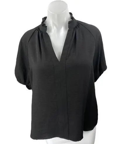 CeCe Women's Black Short Puff Sleeve Ruffle V-Neck Blouse Shirt Top Size M