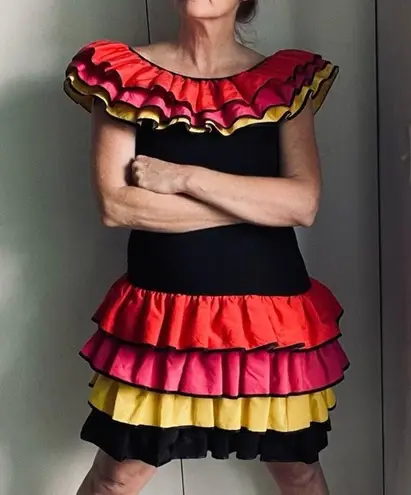 Vintage 80s Ruffle Fiesta Dress Colorblock Tiered Mini Carmen Miranda Vibes Black Size 4