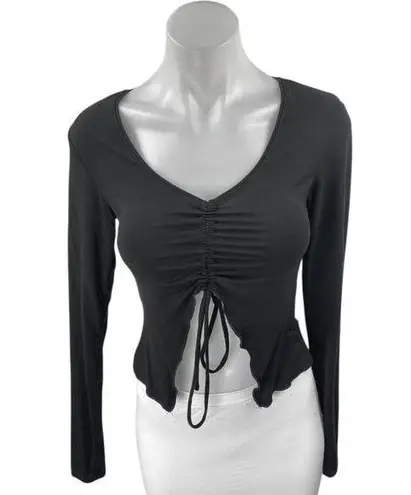 Edikted Women's Black Long Sleeve Ruched Tie Front V-Neck Crop Shirt Top Size S