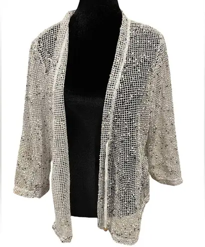 Onque Casuals Black White Coastal Beach Lagenlook Crochet Knit Net Cardigan Top Size XL