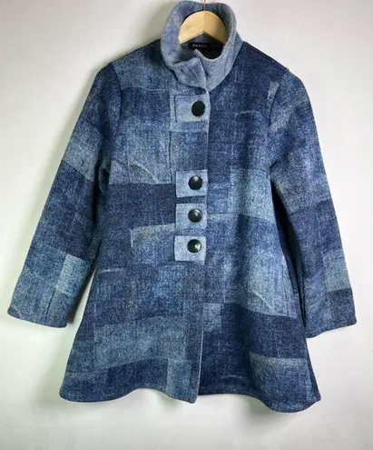 DAMEE Women Blue Patchwork Textured Fleece Coat Small Modern Artsy Button A