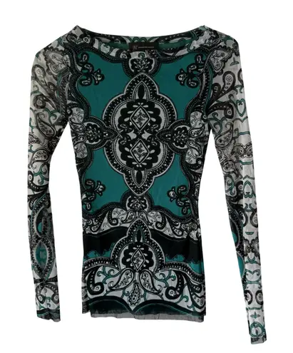 INC International Concepts Shirt Y2k XS Sheer Mesh Long Sleeve Going Out Top Green