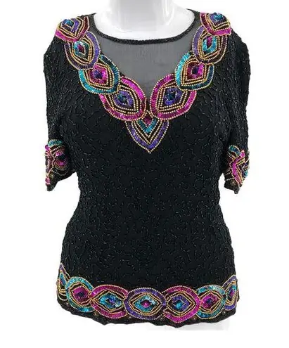 Stenay LARGE VINTAGE 80s 100% SILK Black Multi Beaded Sequin Top Short Sleeve