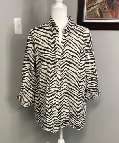 Tahari  100% Linen Button Up Shirt Zebra Stripe Large Roll tab sleeves Long Tunic - Image 1