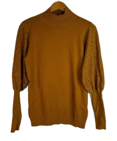 Liv Milano Studded Puff Sleeve Gold Dressy Sweater Mock Neck Size Medium