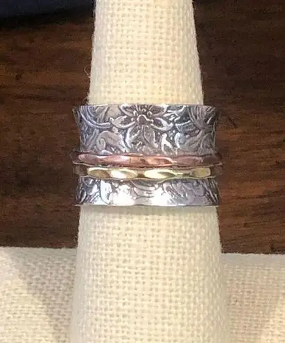Sterling Silver Tricolor Engraved Spinner Ring