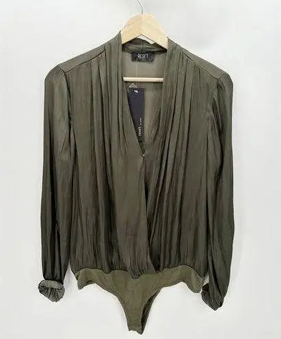 Reset Olive Green Satin Long Sleeve Wren Bodysuit Flowy Loose Women L NWT Size L
