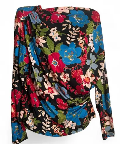 Floral Izuria Asymmetrical Neckline Long Sleeved Blouse size M Black Size M