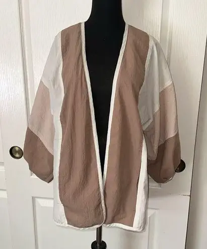VTG BROWN CREAM WHITE COLOR BLOCK PUFF SLEEVE CARDIGAN Size M