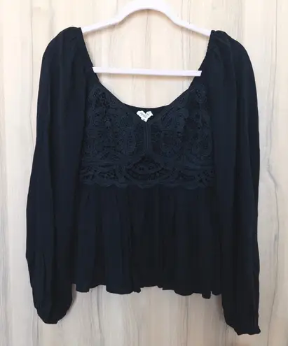Main Strip Lace Babydoll Peasant Blouse Size M Black Boho Witchy Dark Cottage
