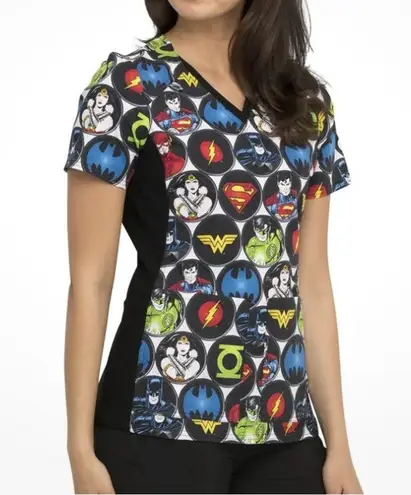 Justice League Women’s Scrubs Scrub Vet Dental Medical Cartoon Size 2XL Black