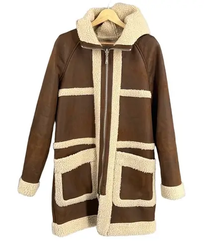Avec Les Filles Women’s Reversible Faux Shearling Hooded Coat Brown Tan Size S