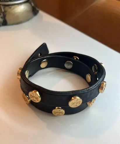 Tory Burch Black And Gold Leather Wrap Bracelet