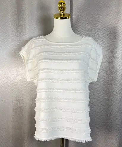 Maeve Anthropologie White Fringe Textured Short Sleeve Top Size 6