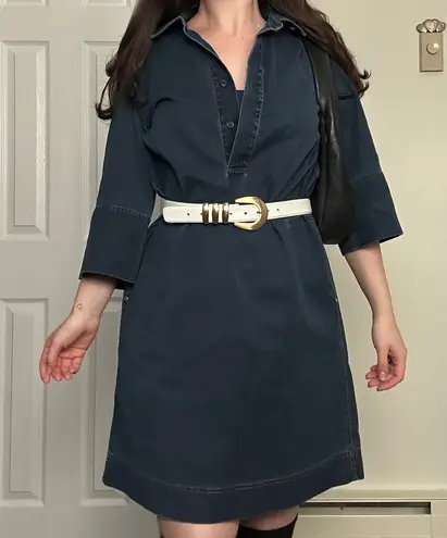 Lafayette 148 S Dark Blue Denim Tunic Mini Dress Collared Button Up Pockets