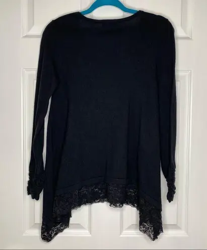 Alfani Women Wool Blend Lace Trim Asymmetrical Hem Gathered Sleeve Swing Sweater