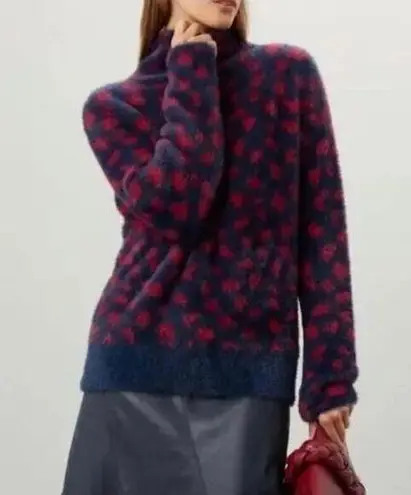 RTR Thakoon Navy Red Printed Fuzzy Mock Neck Pullover Sweater Sz Small soft Blue