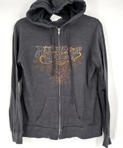 Vintage Y2K Harley Davidson Women Gray Full Zip Hoodie Sweatshirt Medium Flames