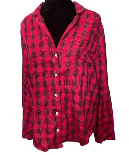 Victoria's Secret Victoria’s Secret Red Sparkly Metallic Plaid Flannel Festive Holiday Button Top