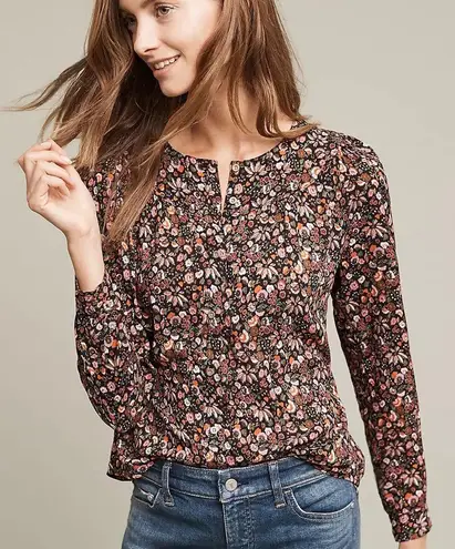 Anthropologie Maeve Orli Bibbed Button Down Floral Long Sleeve Blouse Size XS Red