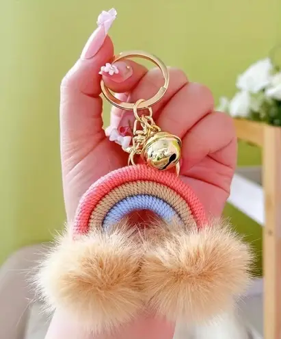 Rainbow Pom Pom Keychain Charm Pastel Boho Tassel Accessory NWT Pink