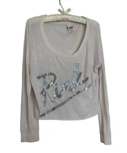 PINK - Victoria's Secret Victoria’s Secret PINK Scoop White Silver Sequin Long Sleeve Sheer Tee Size M