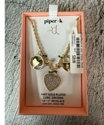 Piper NIB K 14K Gold Plated Cubic Zirconia 3 Heart Charm Necklace Braided Chain