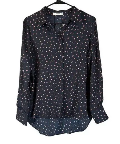 Mango MNG by  Navy Blue & Pink High Low Long Sleeve Button Down Blouse Women Sz 6