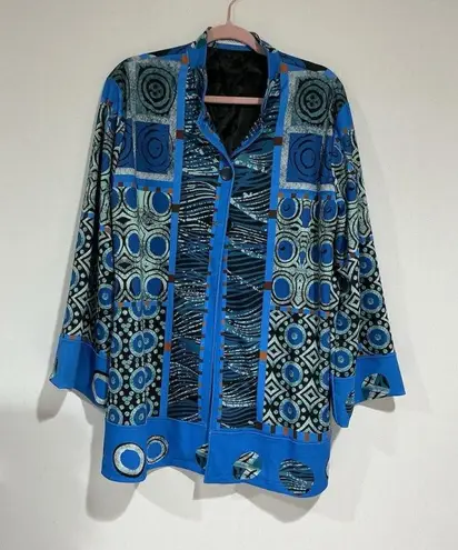 Woman’s Misslook Xxl Blue Multicolor Lined Two Button Long Sleeve Blouse Jacket Size 2X