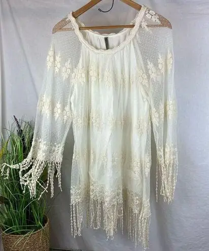 XCVI Ivory Crochet Fringe Long Sleeve Mini Dress L