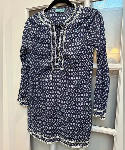 Letarte Skull Tunic Coverup Dress Navy Blue Sequin Bead 3/4 Sleeve Blouse Size S White
