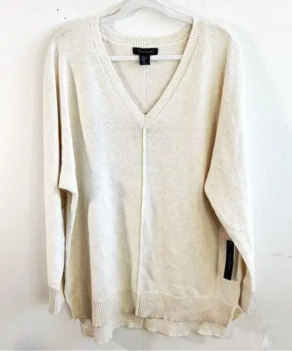 Tahari Sweater Cream V Neck Center Seam High Low Knit Sz XL NWT Great Gift!