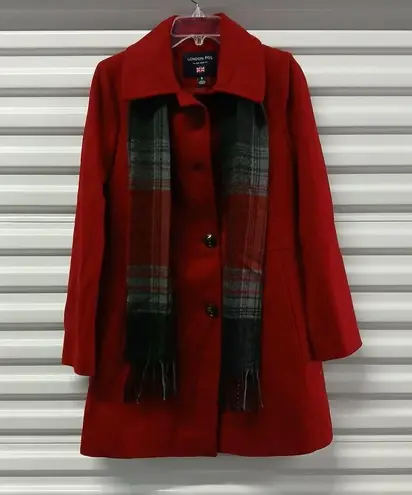 London Fog Women's Peacoat Size Small Red Wool Blend Winter Coat Fringe Scarf